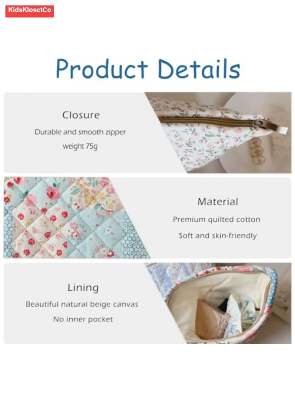 Quilted Cotton Makeup Bag Travel Organizer Pouch with Zipper